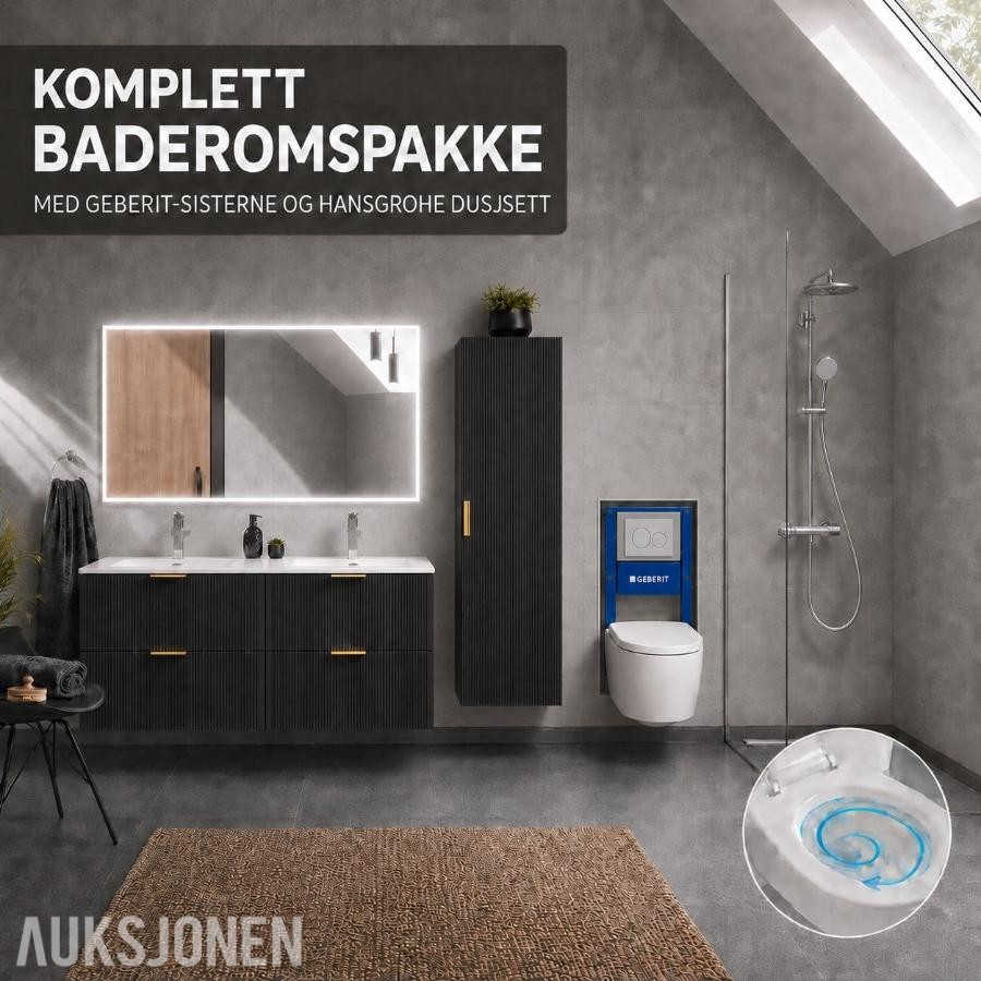 Komplett baderomspakke ADEL BLACK 120 cm – dobbelservant, Geberit, vegghengt toalett og Hansgrohe  